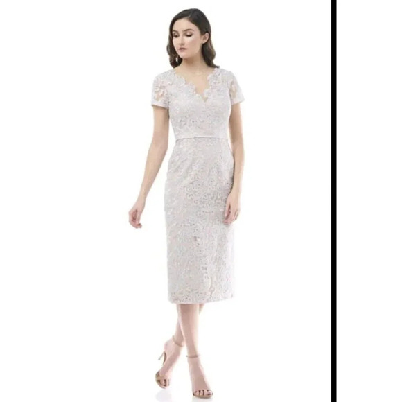 JS Collection sz 14 Cocktail Event Dress Illusion Floral Lace V-Neck Sheath - Picture 1 of 16